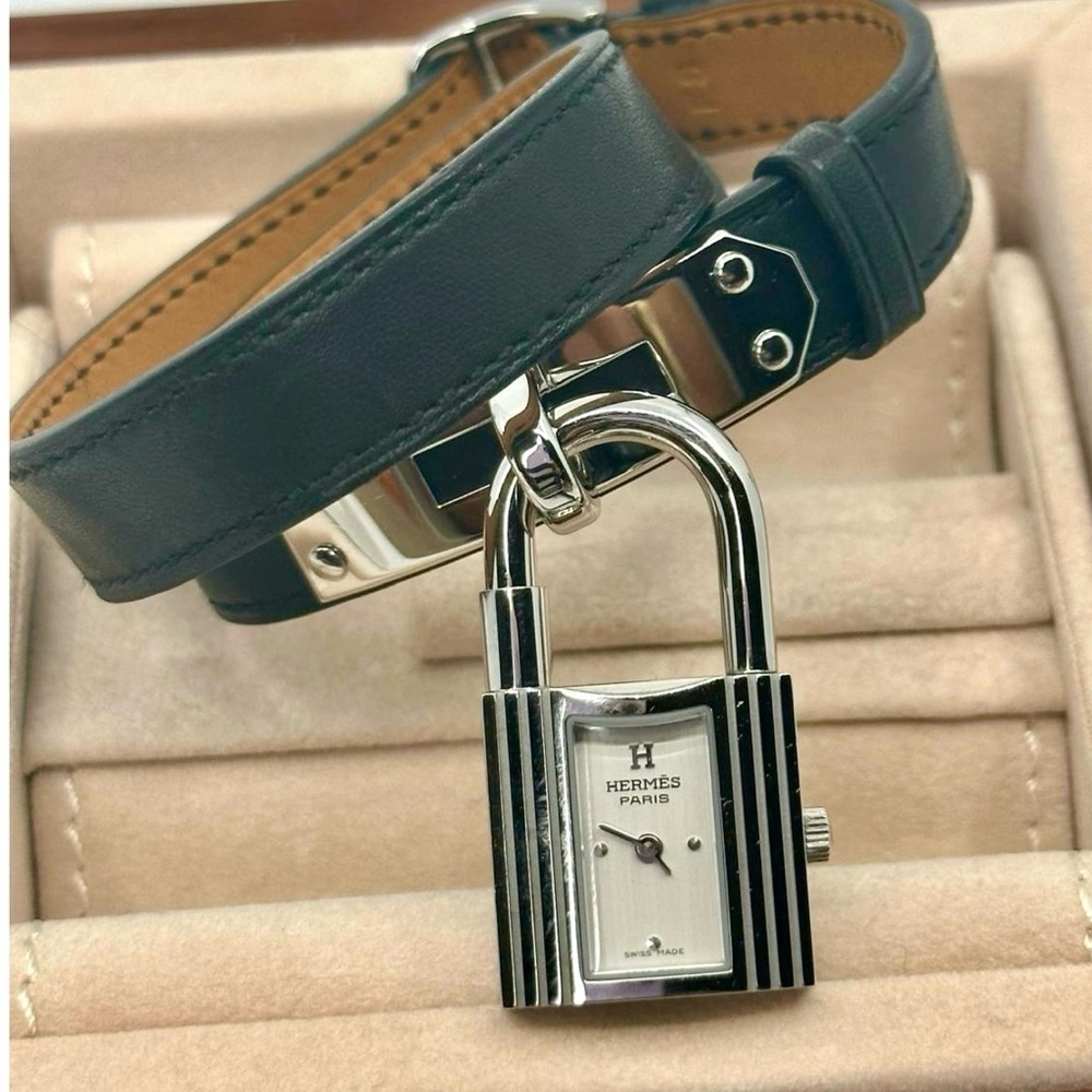 HERMÈS Kelly double tour PM 20 mm Hermès Black Leather Steel watch 3269061 NEW - Picture 7 of 17